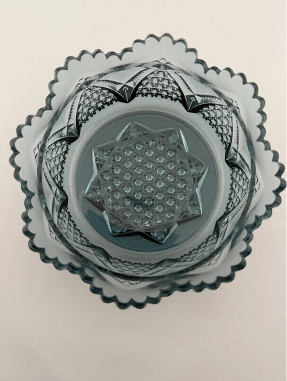 Vintage Fenton Blue Glass Trinket Dish Scalloped Rim Diamond Star Pattern